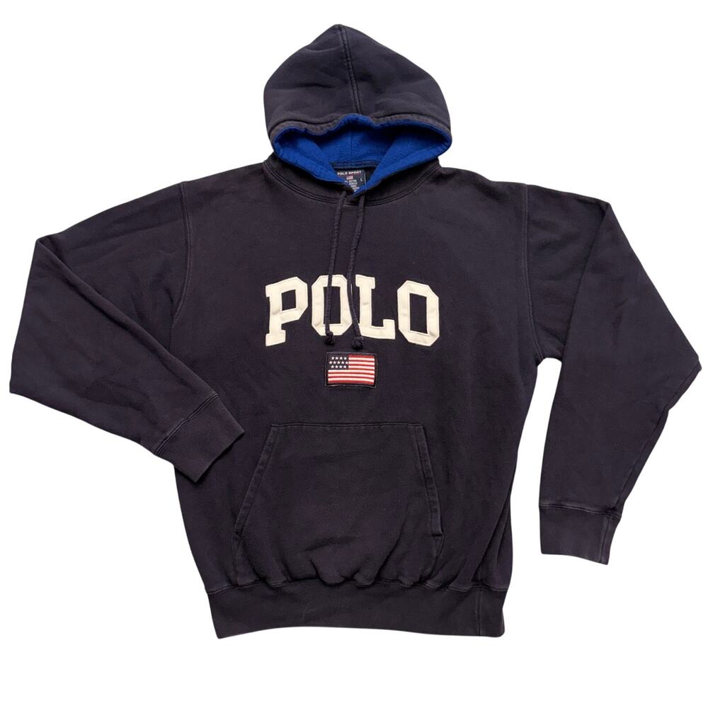 Vintage Polo Sport Ralph Lauren Flag Hoodie Spell Out USA Pullover Navy Size L